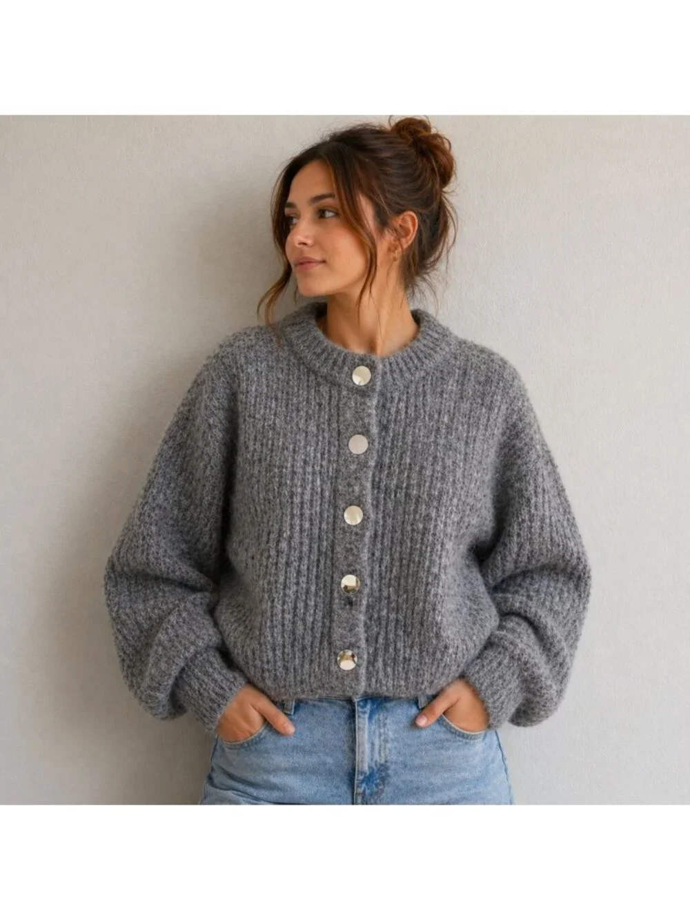 H&M Alpaca Blend Cardigan Sweater Gray Button Front Women’s Small Cozy Knit